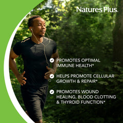 NaturesPlus Zinc tablets 10 mg label explains Biotron chelation for absorption.