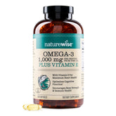NatureWise Omega-3 lemon bottle pour showcases purified oil for potential heart and brain support.