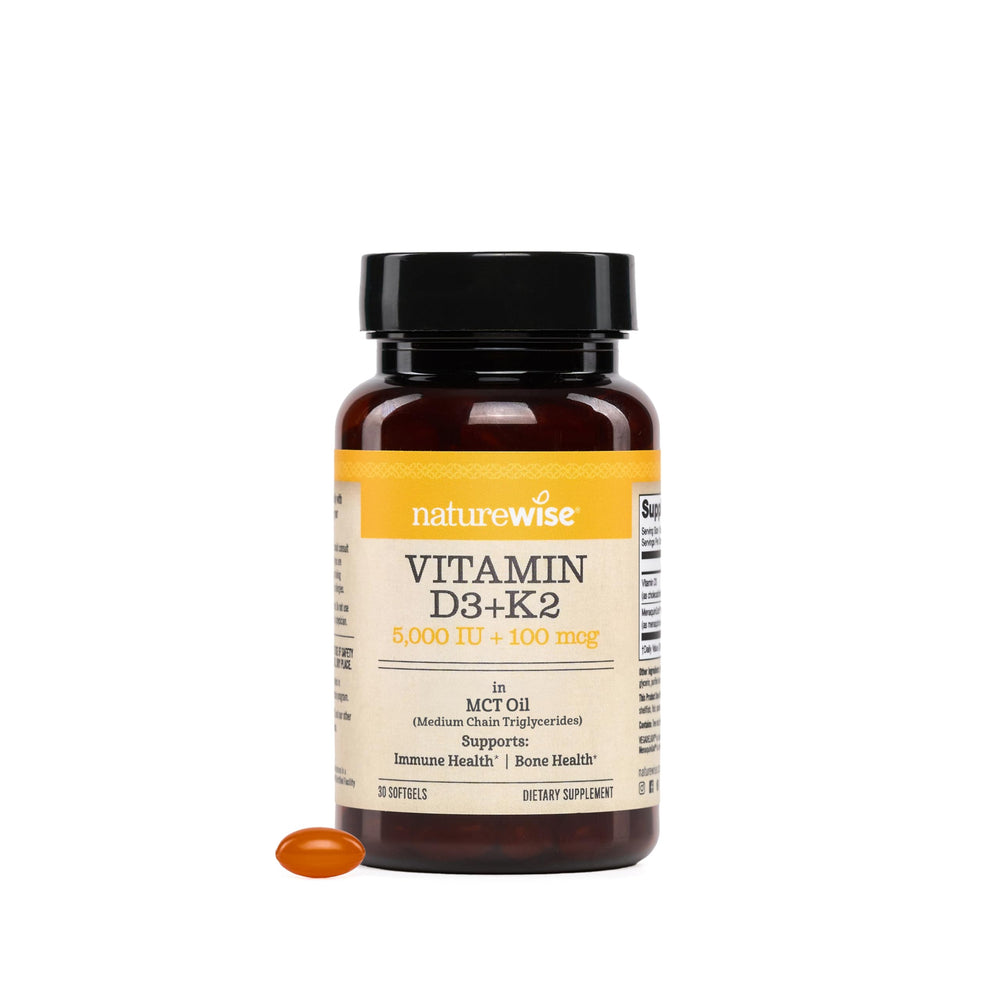 NatureWise vegan D3 + K2 softgels bottle on shelf may support calcium utilization