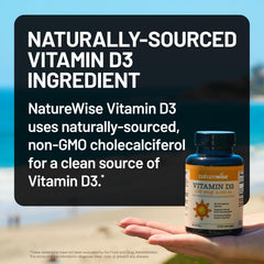 NatureWise Vitamin D3 5000iu bottle label showing non-GMO and gluten-free features.