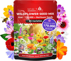 NatureZ Edge Wildflower Seeds Mix packaging shows pure non-GMO seeds for vibrant blooms.