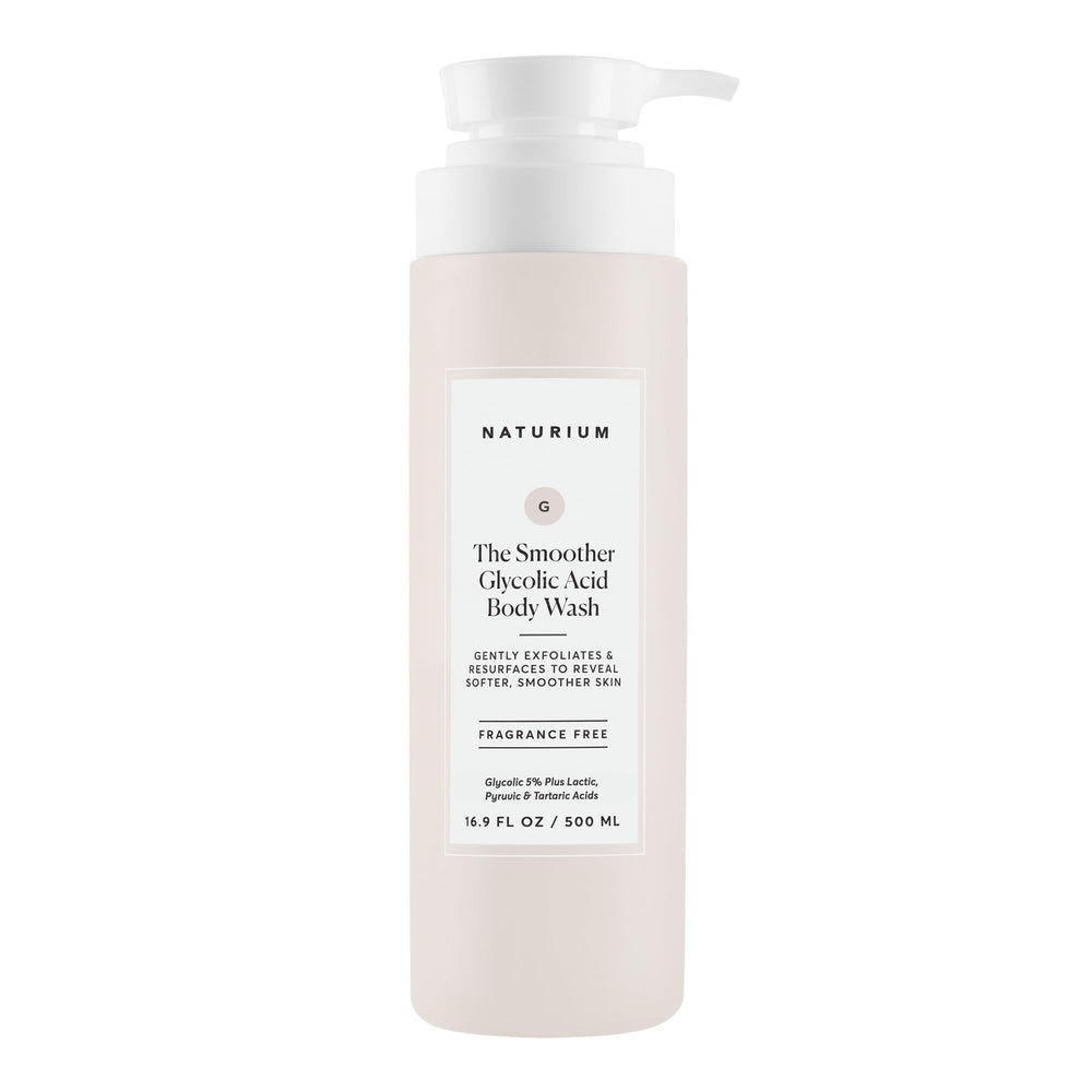 Naturium The Smoother bottle closeup shows gentle exfoliating cleanse for smoother skin