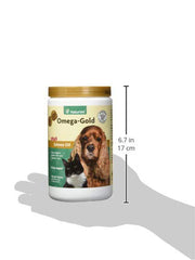 NaturVet Omega-Gold Plus bottle label shows dosage guidance for pets.