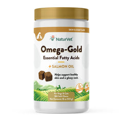 NaturVet Omega-Gold Plus Salmon Oil bottle promotes healthy skin and a glossy coat.