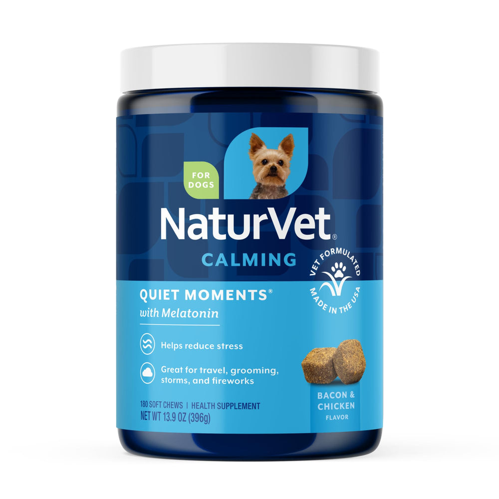 NaturVet Quiet Moments bottle front promotes calming support for stressed dogs.