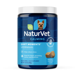 NaturVet Quiet Moments bottle front promotes calming support for stressed dogs.