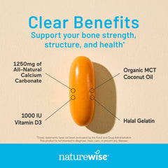 NatureWise label highlights 1250 mg calcium and 1000 IU D3 per serving