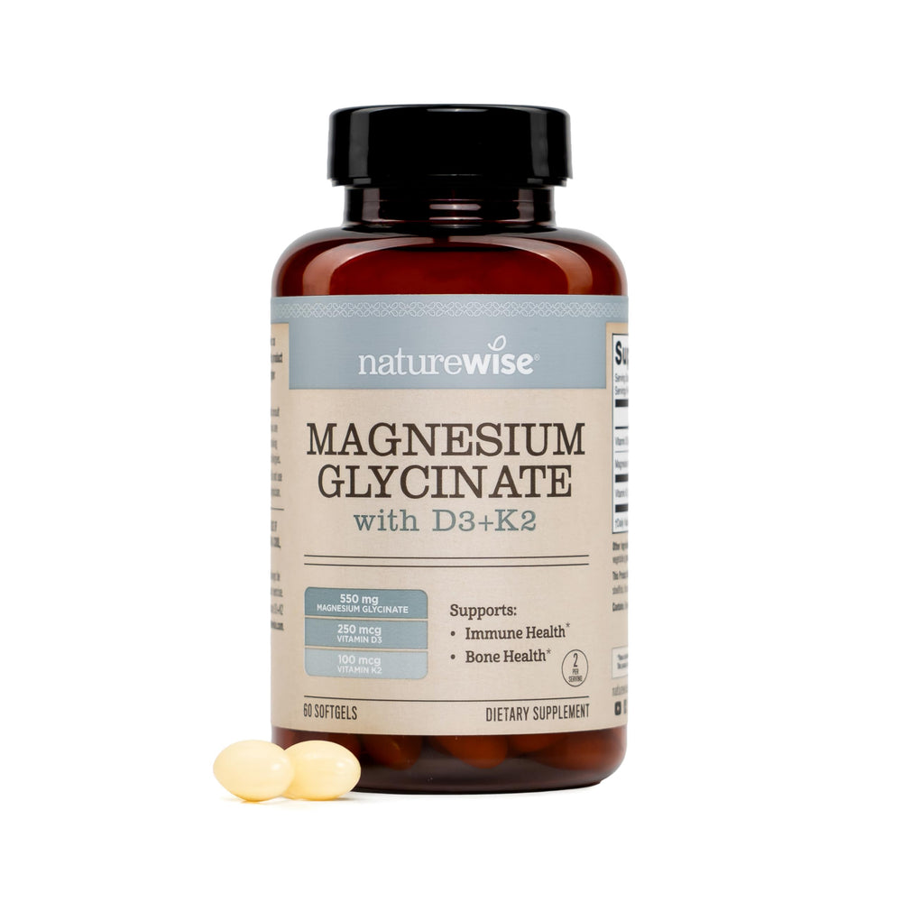 NatureWise magnesium-d3-k2 bottle emphasizes high-absorption formula for bones and muscles.