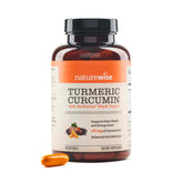 NatureWise Turmeric Curcumin softgels bottle front, highlighting extra strength formula