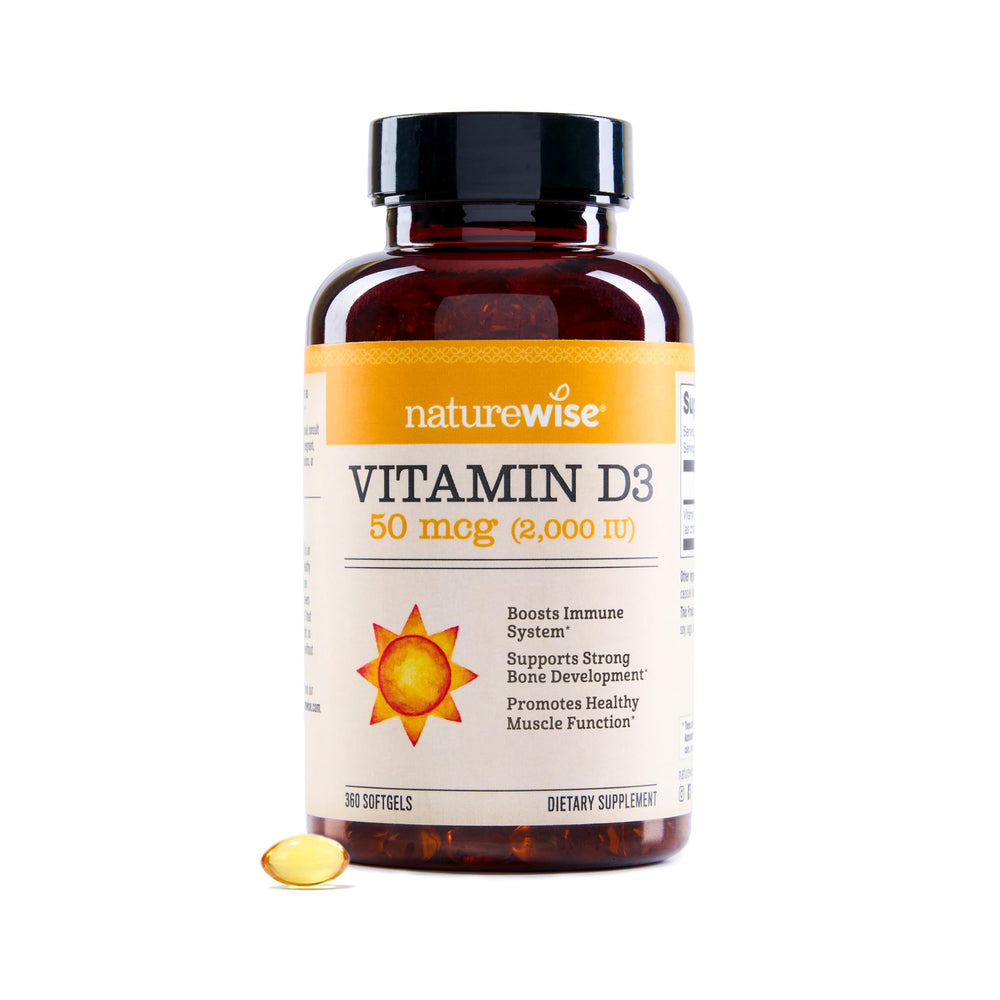 NatureWise Vitamin D3 bottle with softgels for immune support.
