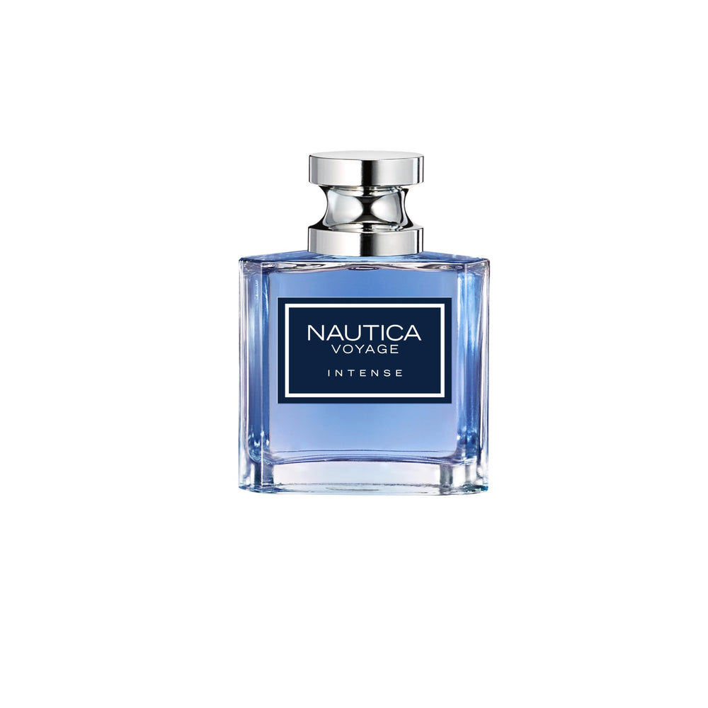 Nautica Voyage Intense bottle close-up highlighting vetiver top note for everyday freshness.