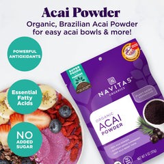 Navitas Organics Acai Powder bag-scene—pour-ready powder for smoothies and bowls.