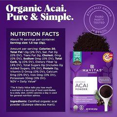 Navitas Organics Acai Powder nutrition panel—gluten-free and non-GMO ingredients.