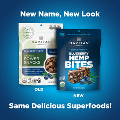 Close-up of blueberries and hemp seeds in Navitas Power Snacks.