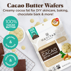 Navitas Organics cacao butter wafers melted into hot cocoa for creamy drinks.