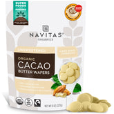 Navitas Organics Cacao Butter Wafers packaging front shows premium organic cacao butter for baking.
