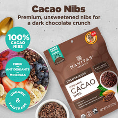 Close-up of Navitas Organics cacao nibs highlighting crunchy texture for cooking