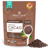 Navitas Organics cacao nibs unsweetened bag showing rich chocolate crunch for snacking