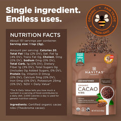 Navitas Organics cacao nibs sprinkled on yogurt for a flavorful topping