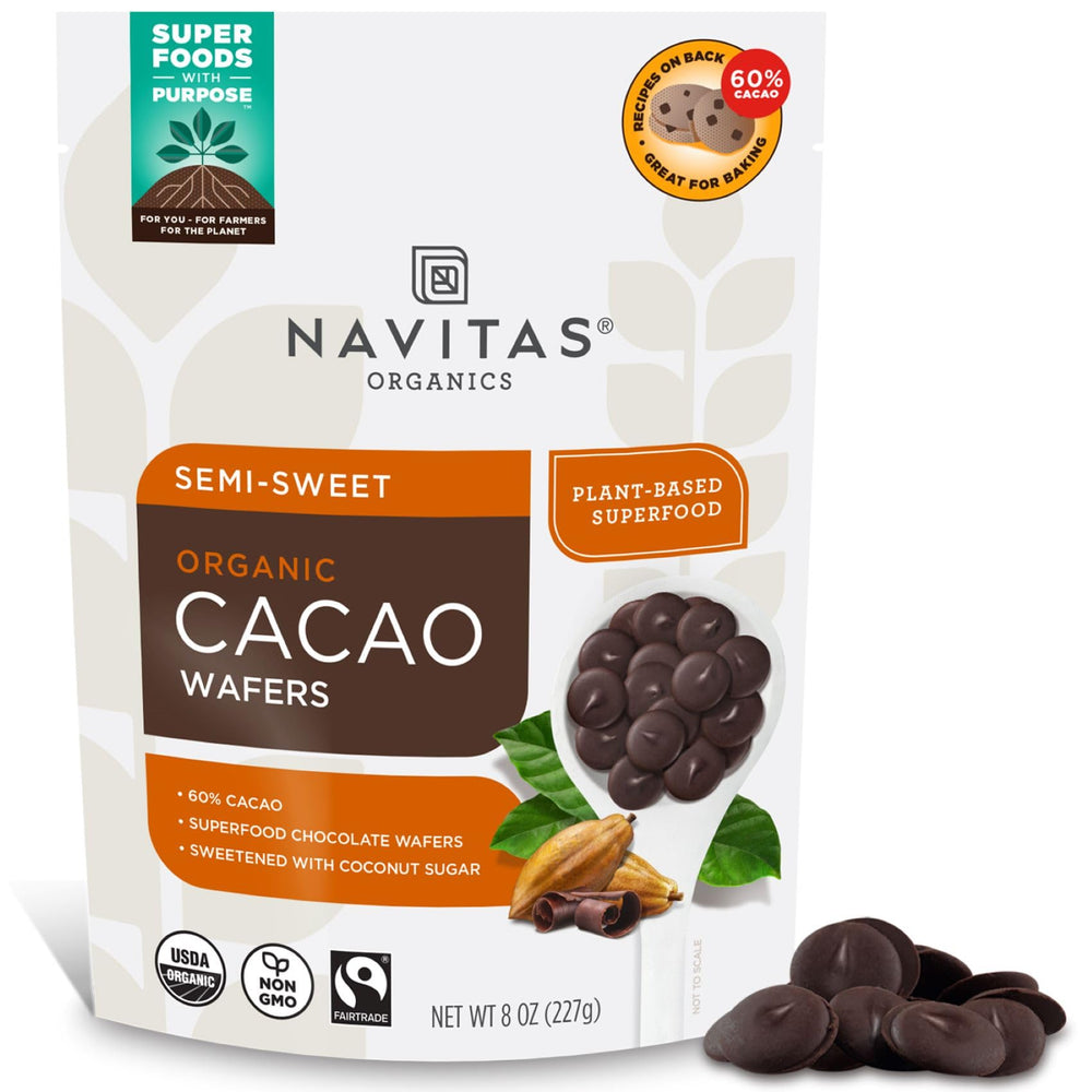 Navitas Organics Semi-Sweet Cacao Wafers close-up chips for rich snacking and baking inspiration