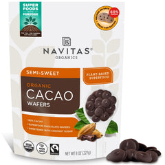 Navitas Organics Semi-Sweet Cacao Wafers close-up chips for rich snacking and baking inspiration