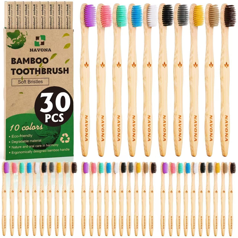 Navona bamboo toothbrushes 30-piece pack with colorful handles for family use
