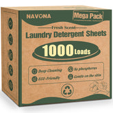 Navona mega pack box showing 1000 sheets for long-term laundry use.