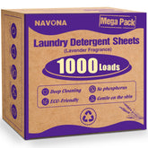 Navona mega-pack box of laundry sheets showing bulk packaging for long-term savings.