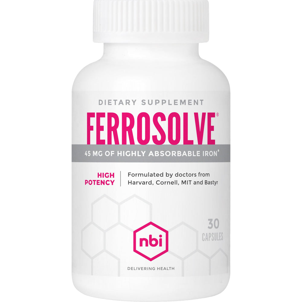 NBI FerroSolve bottle display shows high absorption iron for daily energy support.