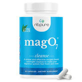 nbpure MagO7 overnight colon cleanser bottle with glass of water for gentle morning relief.