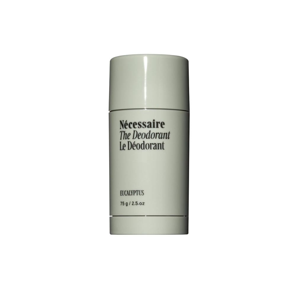 Nécessaire Eucalyptus deodorant bottle close-up demonstrates aluminum-free freshness for daily use.