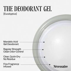 Nécessaire deodorant gel eucalyptus texture closeup demonstrates easy application without residue