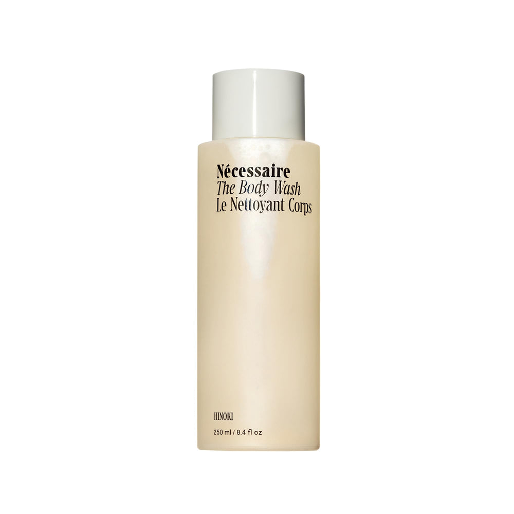 Nécessaire Hinoki Body Wash bottle front with premium, daily-cleanse design