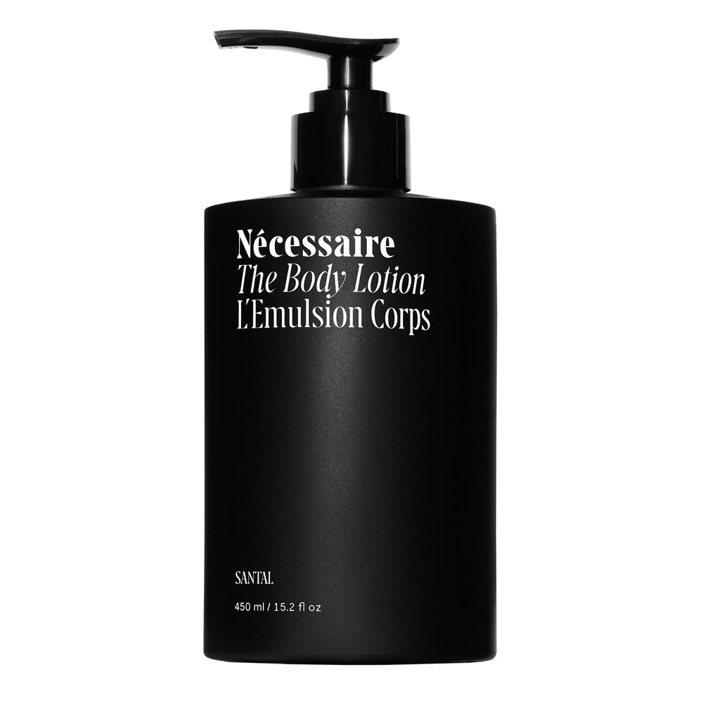 Nécessaire Santal body lotion bottle shows fast-absorbing hydration for daily use