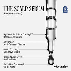 Nécessaire Scalp Serum label emphasizes fragrance-free, dermatologist-tested formula for sensitive skin.