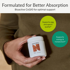 Needed CoQ10 200mg label closeup highlighting purity and non-GMO ingredients.