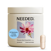 Needed Prenatal Multi Essentials bottle ready for convenient three-capsule daily serving.