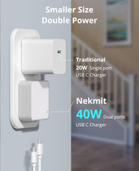 Nekmit 40W PD charger delivering simultaneous USB-C charging for iPhone and tablet.