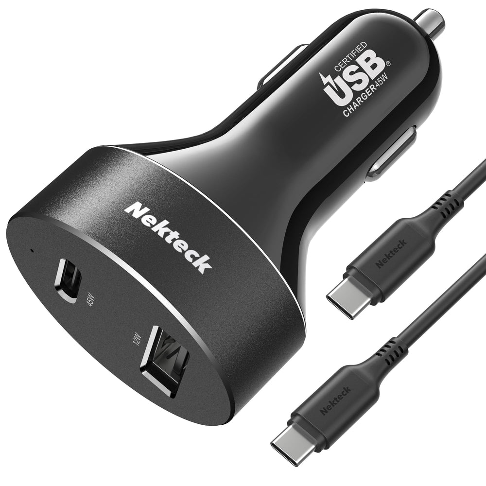 Nekteck USB-C car charger front view, compact 45W design for on-the-go charging.