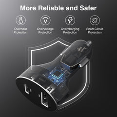Nekteck USB-C car charger with dual ports, side view showing PD 3.0 and QC 3.0 outputs.