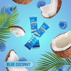 Nello SuperCalm blue coconut canister on a kitchen shelf for daily balance.