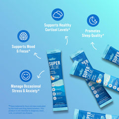 Powder dissolving in water to create a calm blue coconut drink with Nello SuperCalm.