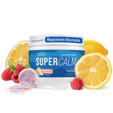 Nello Supercalm powder tub label shows raspberry lemonade for easy relaxation.