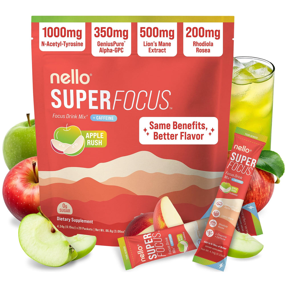 Nello Superfocus pack front promotes clean, sugar-free energy for daytime productivity.