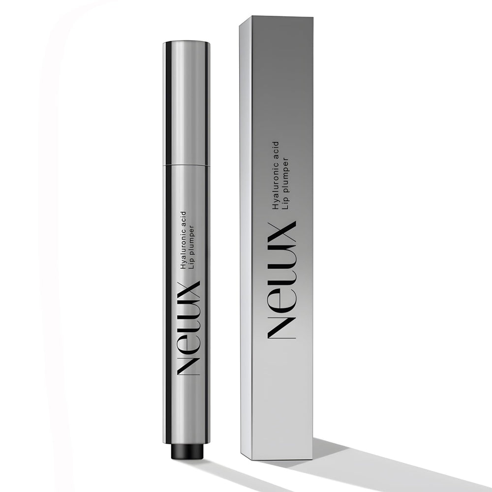 Nelux Lip Plumper bottle with pump demonstrates instant smoothing and hydration