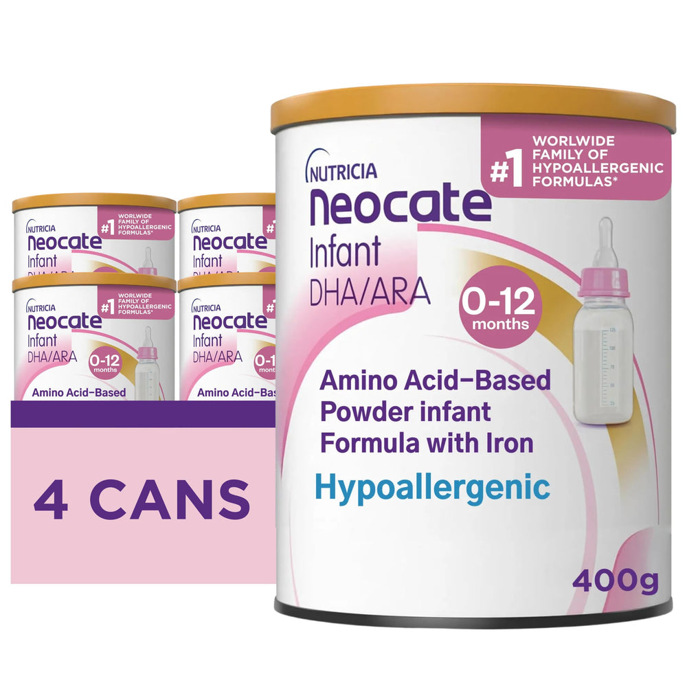 Neocate Infant hypoallergenic formula can pack four for CMA management.