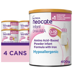 Neocate Infant hypoallergenic formula can pack four for CMA management.