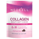 NeoCell Collagen Beauty Soft Chews bottle shows fruit punch flavor and skin, hair, and nail support.