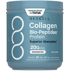 NeoCell Collagen Bio-Peptides powder tub close-up supports radiant hair, skin, and nails.