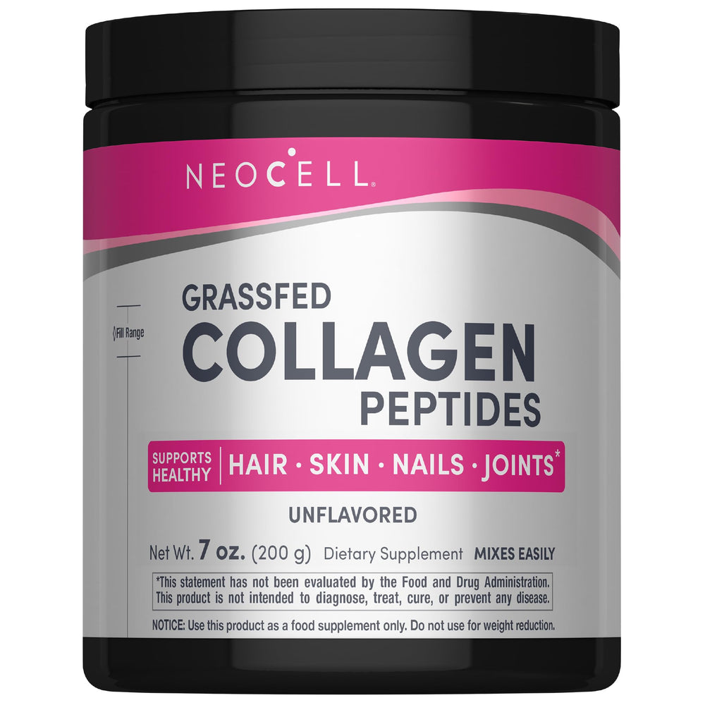 NeoCell Grassfed Collagen Peptides powder bottle for daily skin, hair, and nails support.